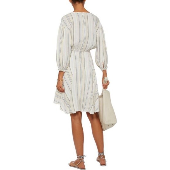 💕ATM💕 Asymmetric Striped Linen Viscose Blend Dress ~ Ivory Multi-Color Print 6 - Picture 4 of 15